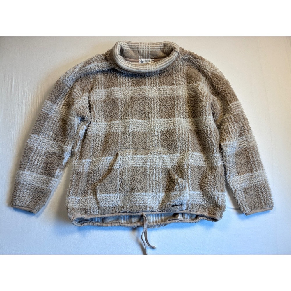 Carve Designs Roley Jacquard Cowl Pullover Sweater Womens M Beige Plaid Fleece